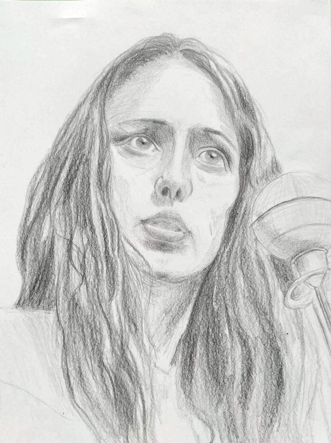 K&uuml;nstlerische Zeichnung von Joan Baez in jungen Jahren als Symbol f&uuml;r ihre musikalische Friedensmission.