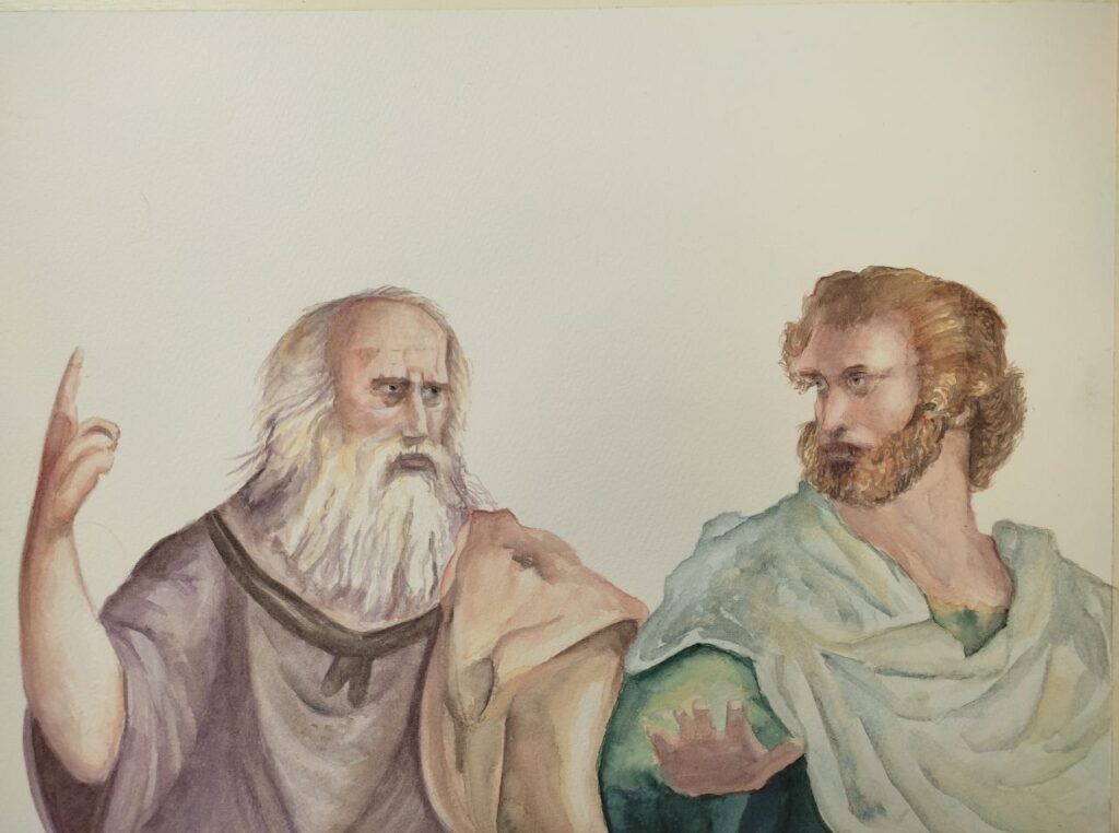 Philosophische Zeichnung von Platon und Aristoteles als Pioniere der Weltsch&ouml;pfung und Friedensf&ouml;rderung.